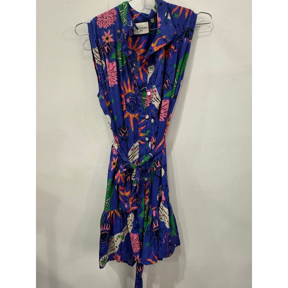 Gold & Silver Paris Blue Printed Sleeveless Waist Strap Mini Dress Size 2